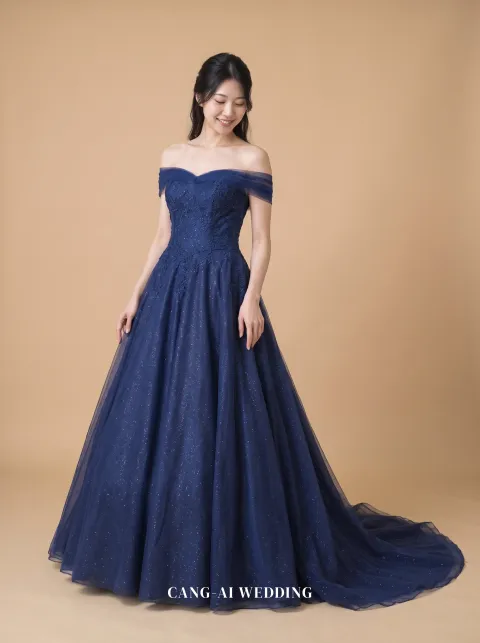 Giselle royal blue evening gown, front, full length