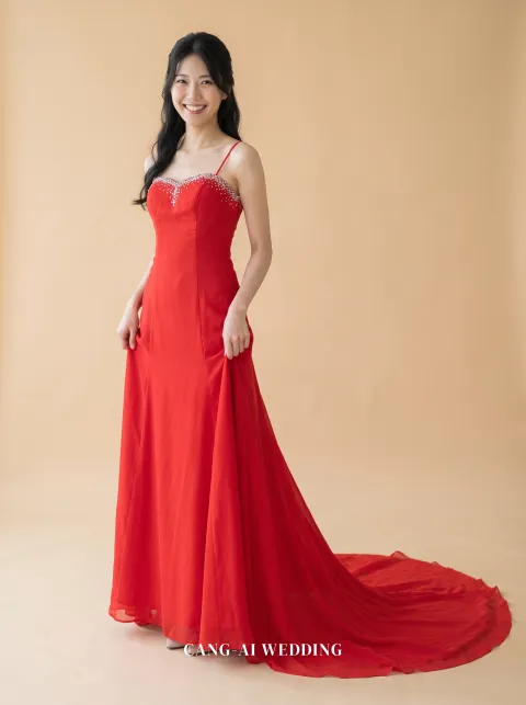 Fleur red evening gown, front, full length