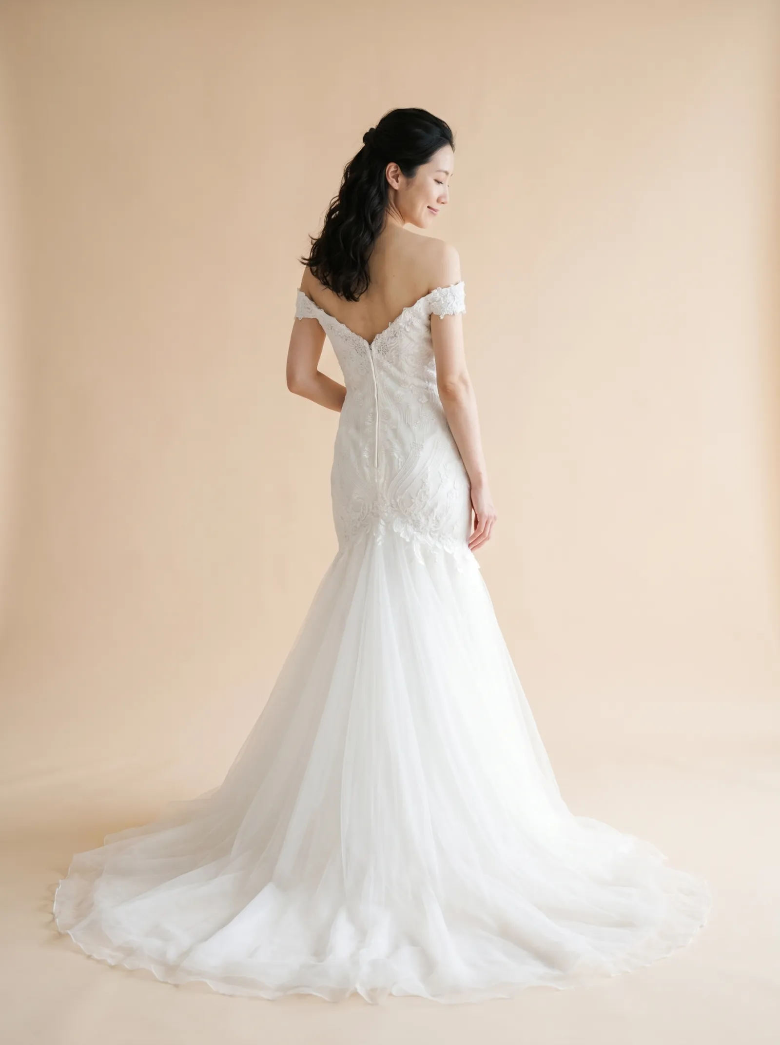 Ondine wedding gown, back full-length with tulle train