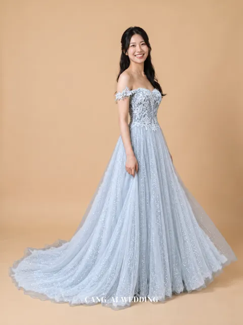 Yolande dusty blue evening gown, front, full length