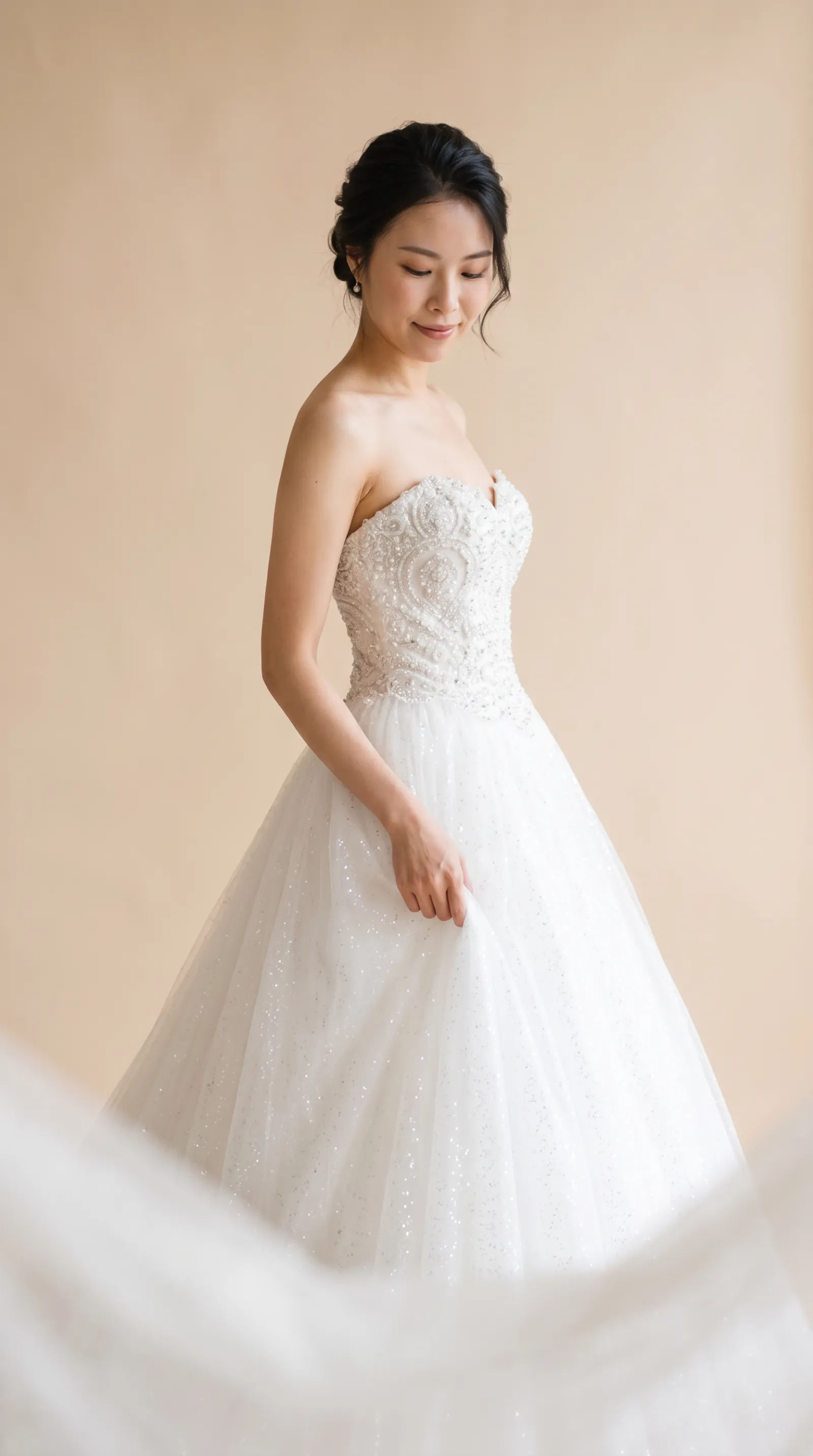 Aurora — Gently adjusting the gown's side fabric