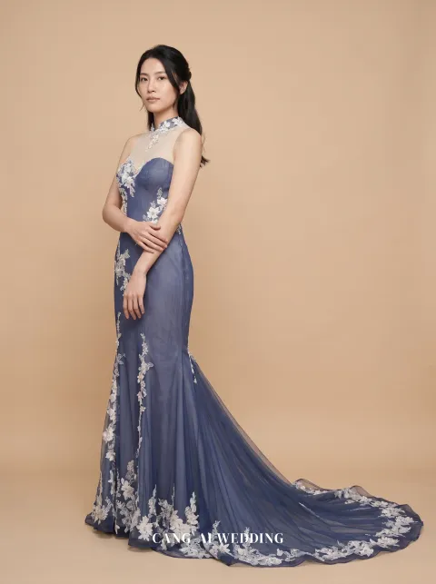 Nolwenn dusty blue evening gown, front, full length