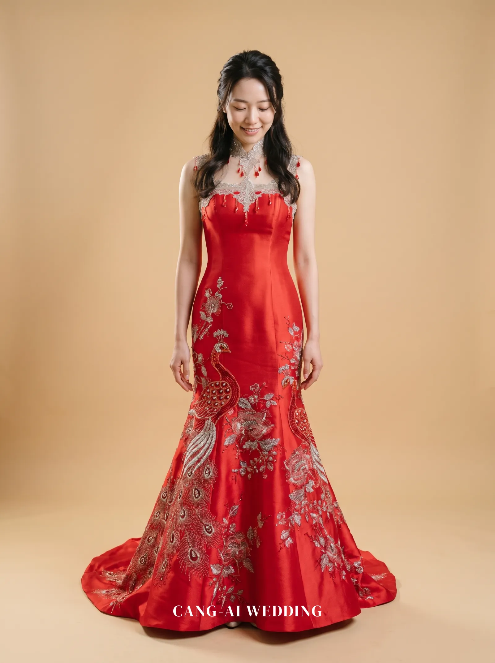 Front full-length of Celestine, a red satin mermaid kua with a beaded mandarin collar and peacock embroidery, reference 10-NR11.
