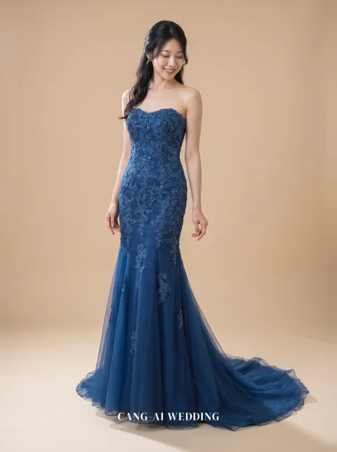 Nerissa royal blue evening gown, front, full length