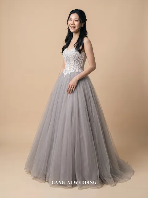 Saskia silver evening gown, front, full length