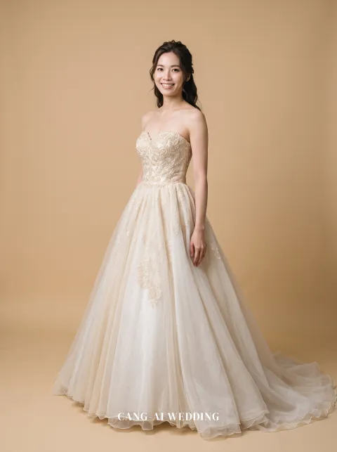 Elspeth blush and gold evening gown, front, full length