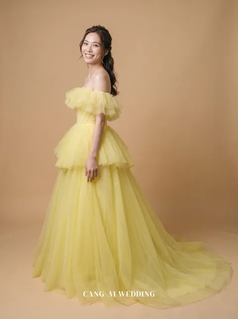 Greer yellow evening gown, front, full length