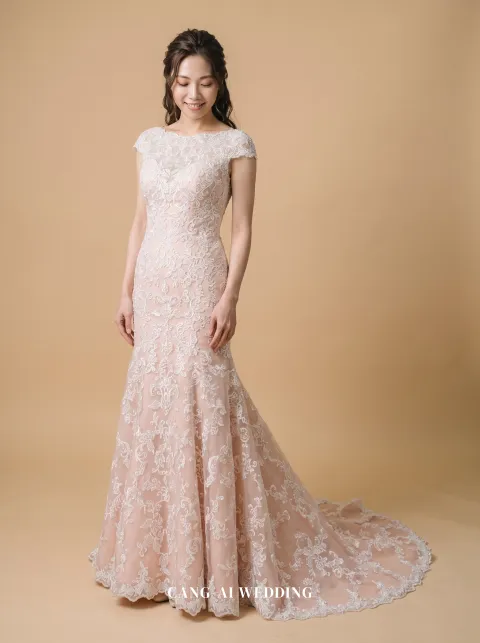 Dorothea blush and white evening gown, front, full length