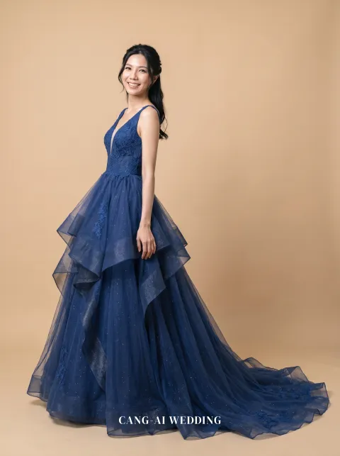 Helene royal blue evening gown, front, full length