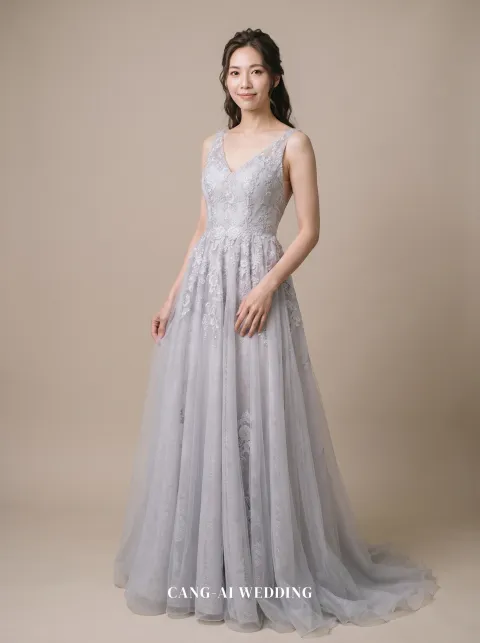 Lavinia silver evening gown, front, full length