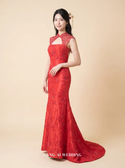 Front full-length of Rumeng, a red lace mermaid with a high collar and keyhole, reference 3-NR48.