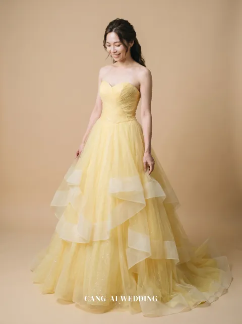 Juno yellow evening gown, front, full length