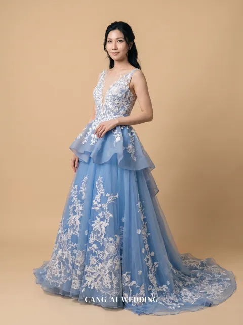 Anouk dusty blue evening gown, front, full length
