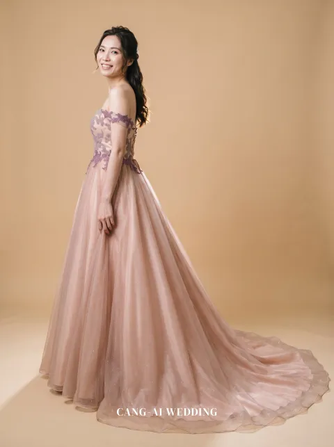 Theodora blush and purple evening gown, front, full length
