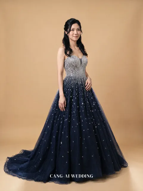 Amaya navy evening gown, front, full length