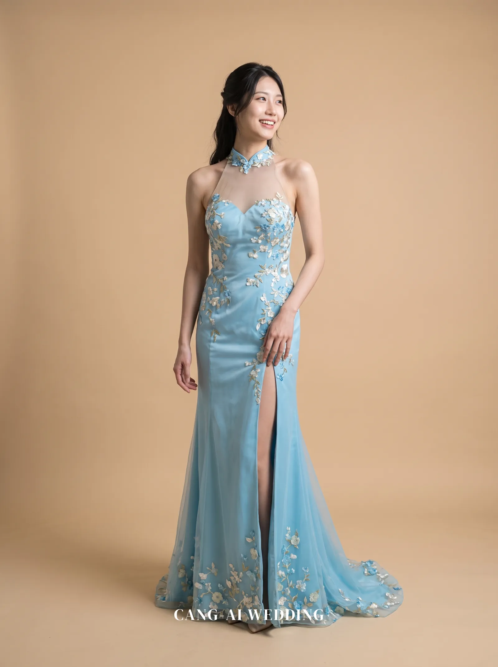 Hyacinth dusty blue evening gown, front, full length