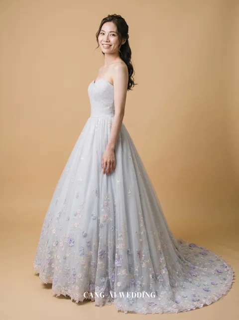 Liora dusty blue and blush evening gown, front, full length
