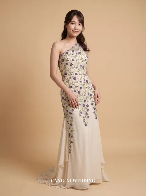 Ginevra ivory and purple evening gown, front, full length