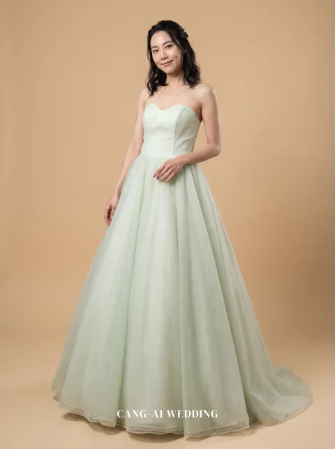 Nadia sage evening gown, front, full length