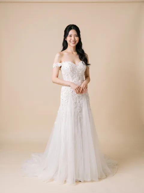 Arabella off-shoulder lace wedding gown, front view, fitted floral lace bodice over a soft tulle skirt with a long train