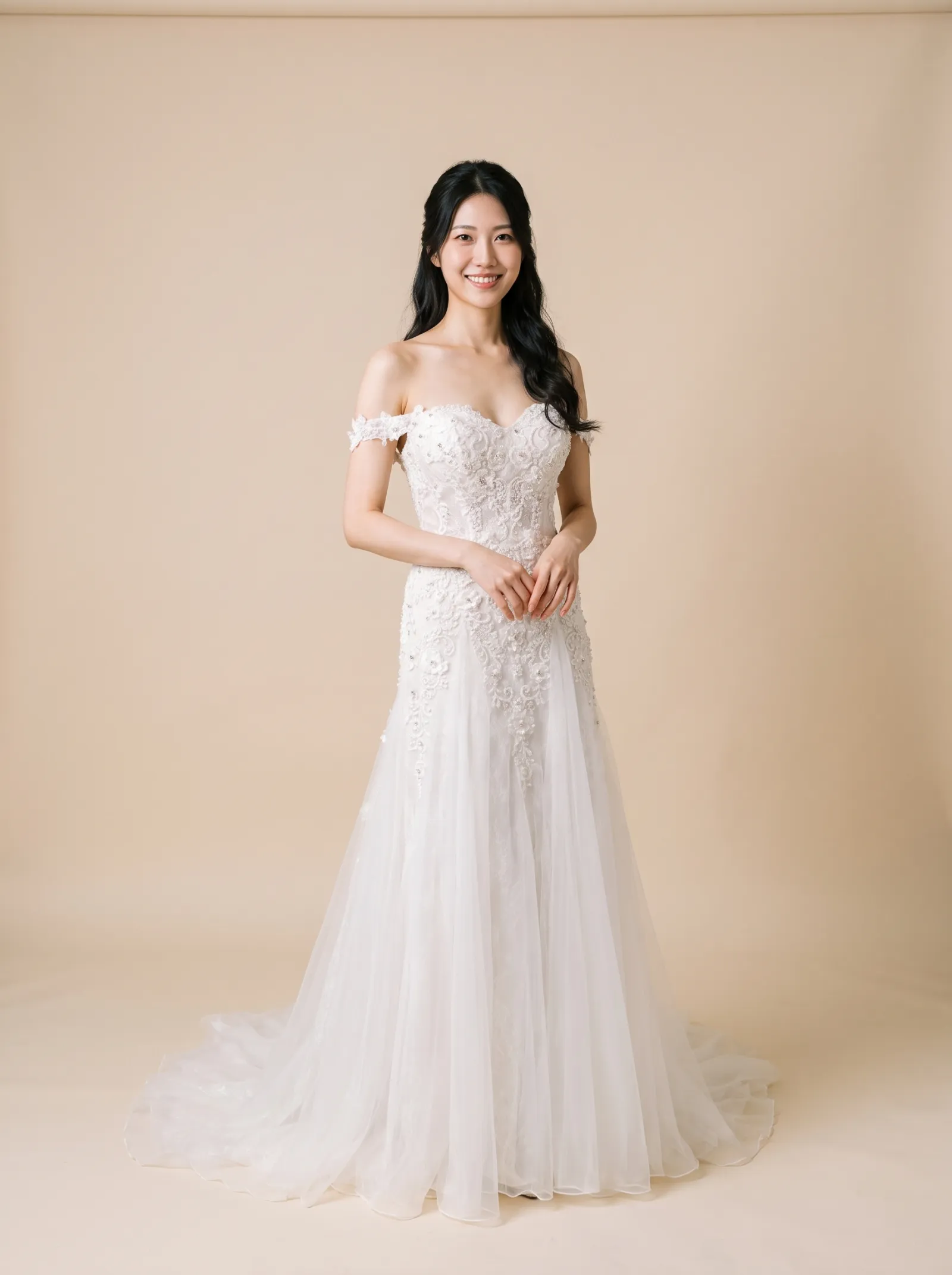 Arabella off-shoulder lace wedding gown, front view, fitted floral lace bodice over a soft tulle skirt with a long train