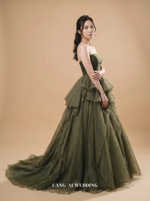 Imogen olive green evening gown, front, full length