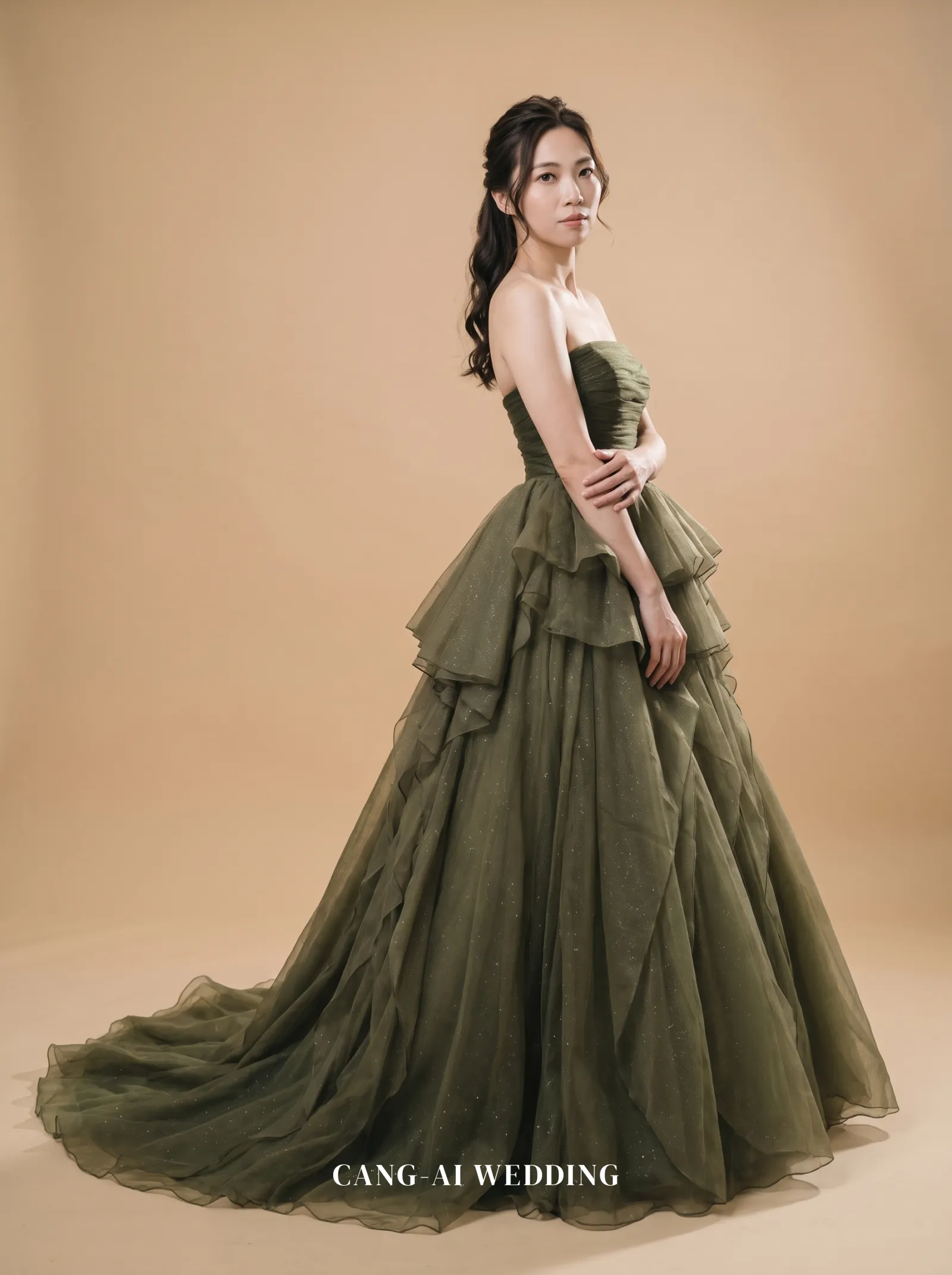 Imogen olive green evening gown, front, full length