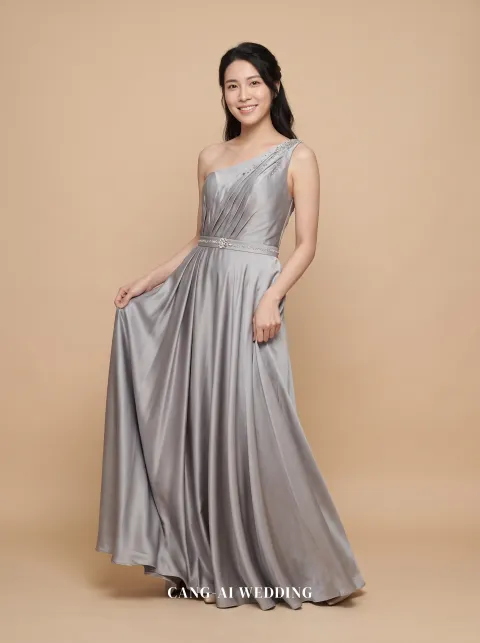 Damaris silver evening gown, front, full length