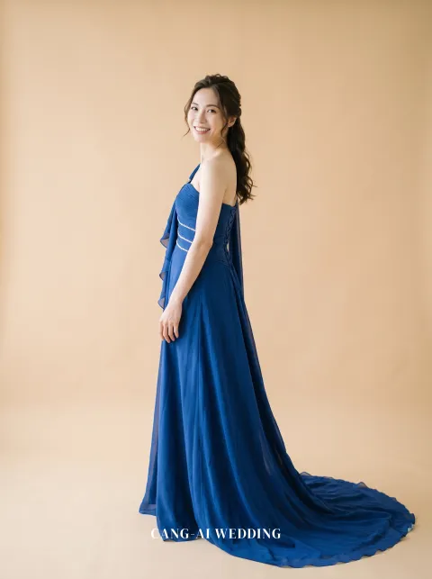 Sylvie navy evening gown, front, full length