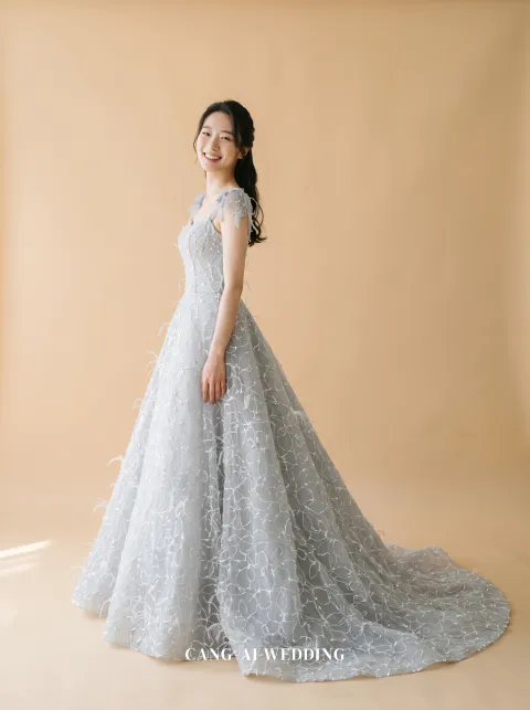 Yvaine silver evening gown, front, full length