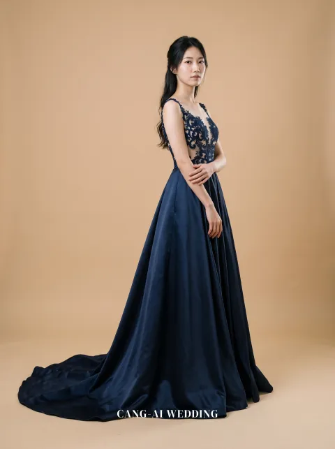 Vesper navy and nude evening gown, front, full length