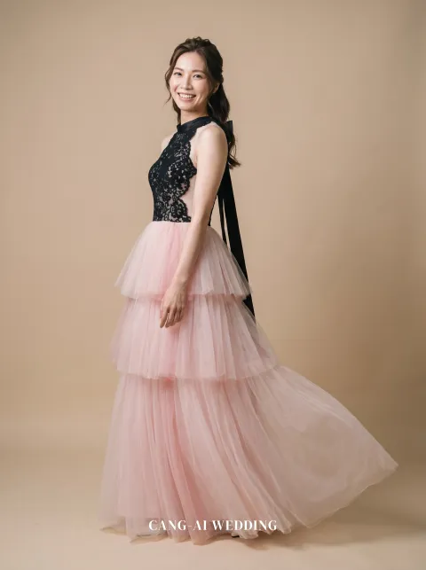 Linnea black and dusty pink evening gown, front, full length