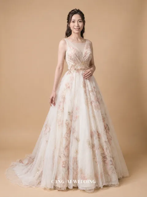 Elodie blush and gold evening gown, front, full length