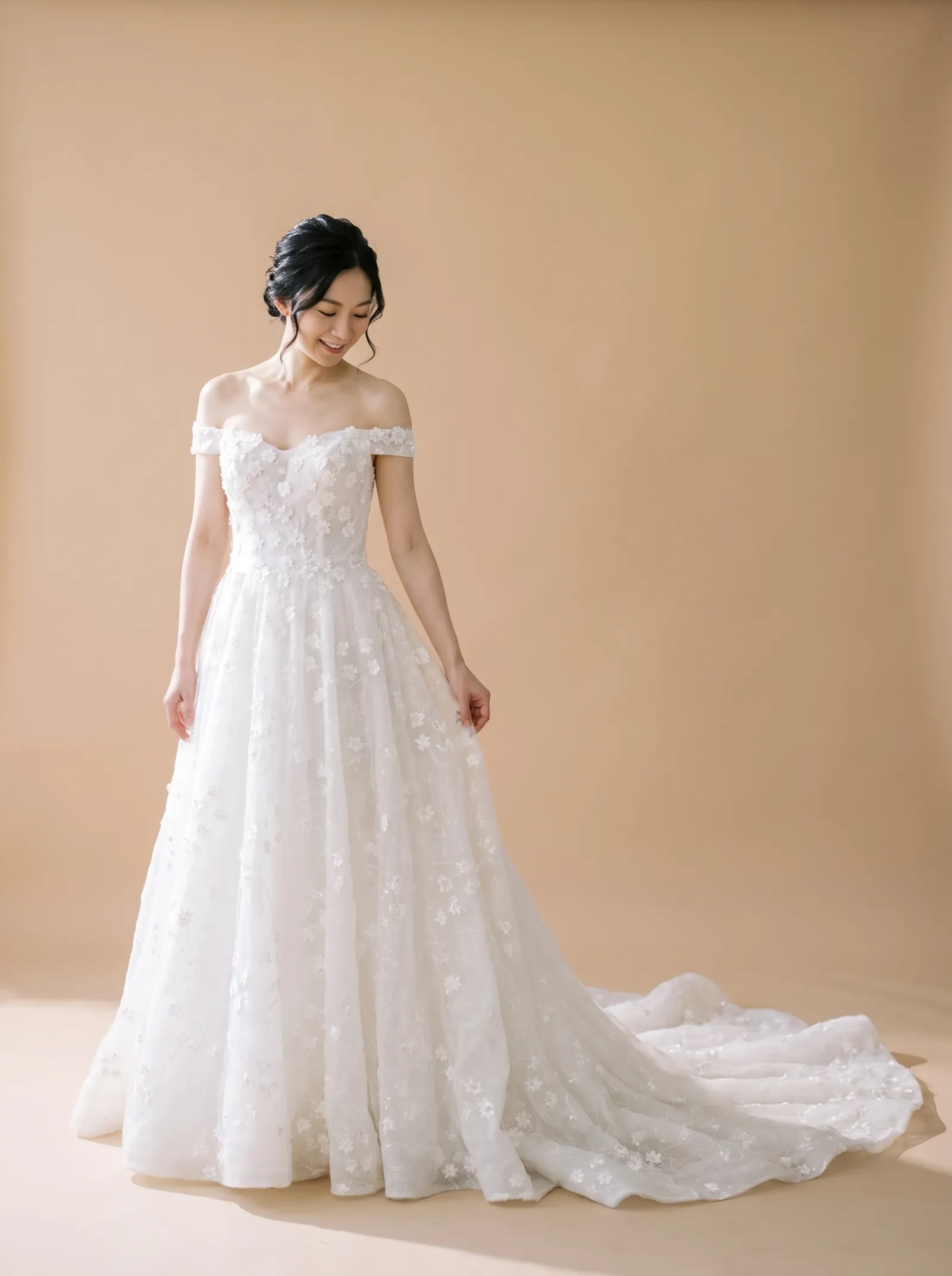 Neve wedding gown, candid - gown brush
