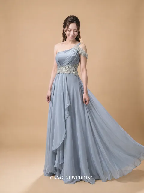 Rhiannon dusty blue evening gown, front, full length