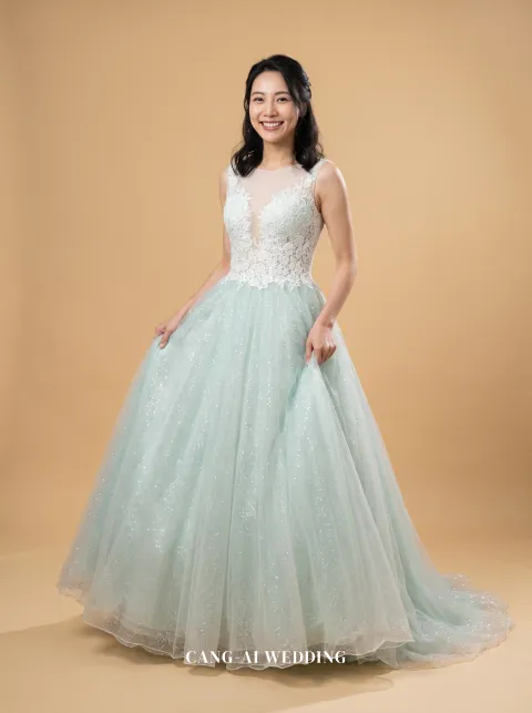 Carys sage evening gown, front, full length
