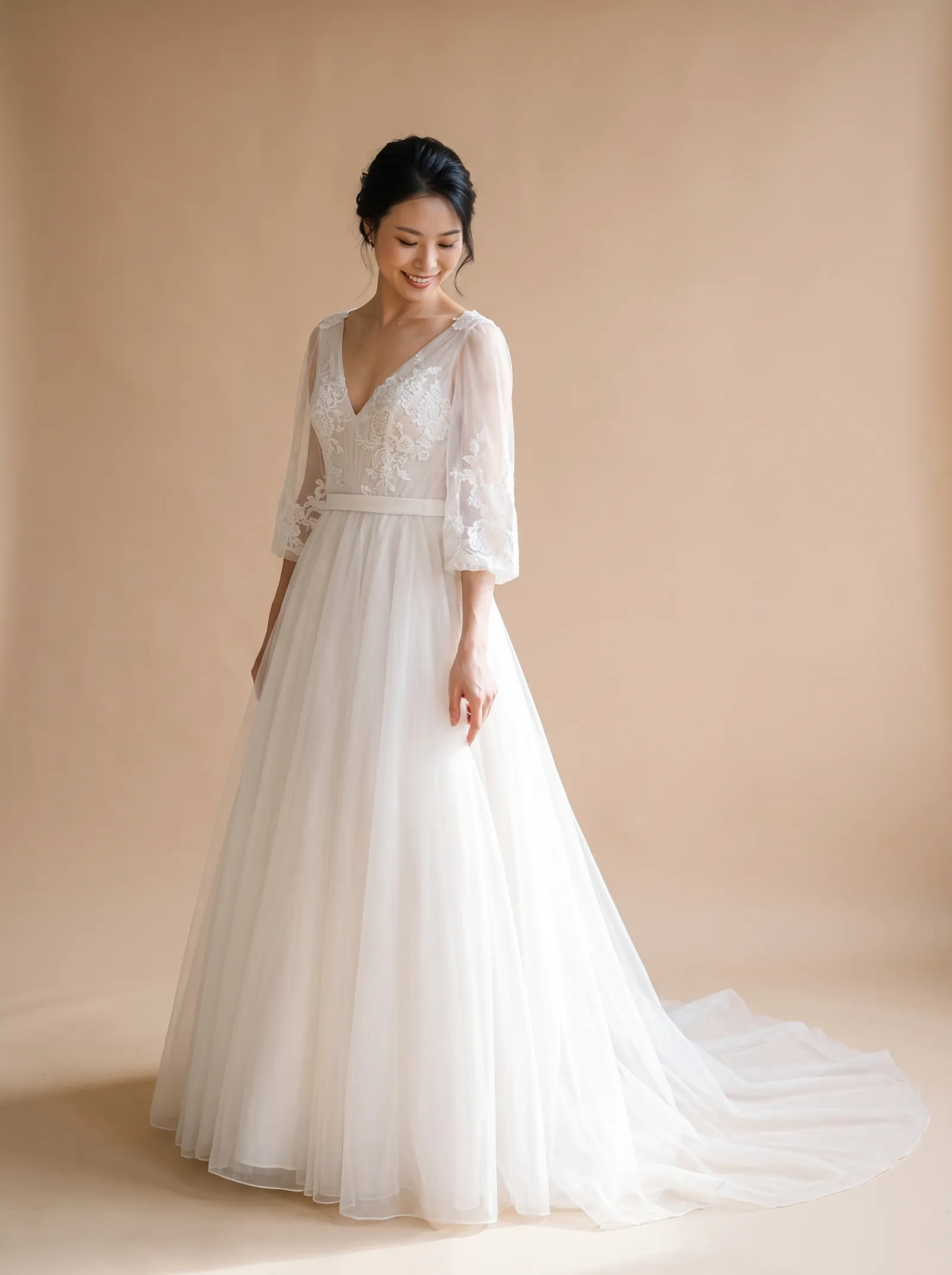 Rosalind wedding gown, candid - gown brush