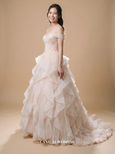 Reverie blush evening gown, front, full length
