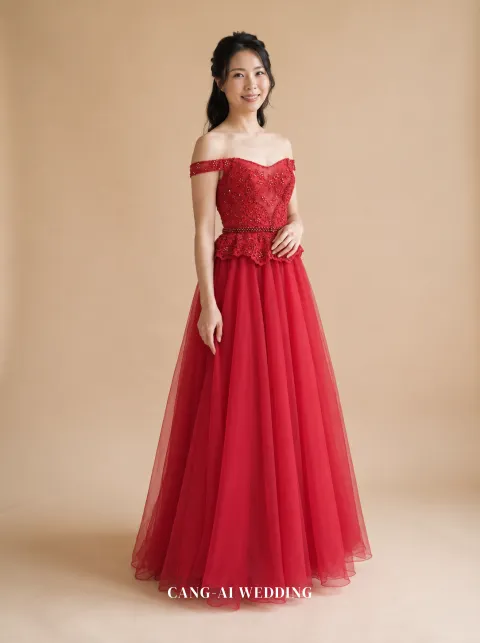 Tamsin red evening gown, front, full length