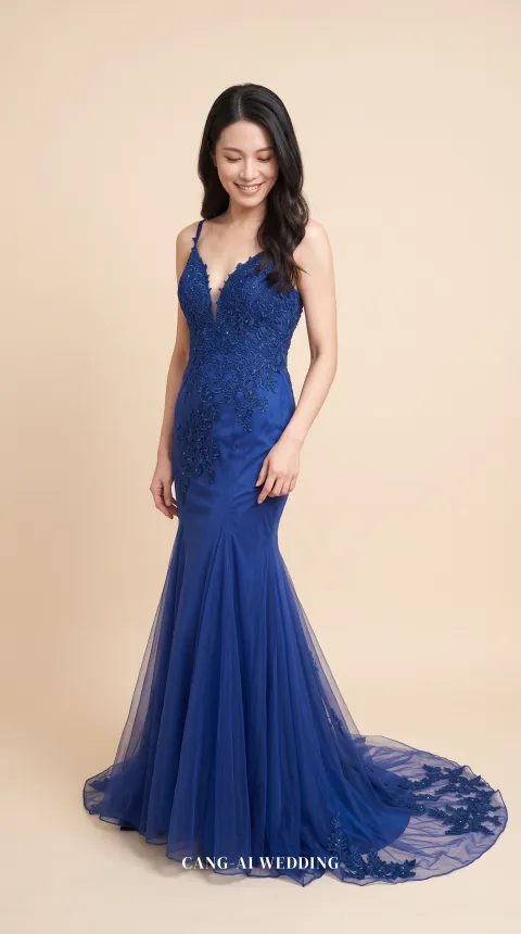 Amarante royal blue evening gown, front, full length