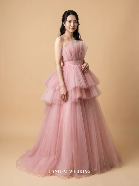 Valentina dusty pink evening gown, front, full length