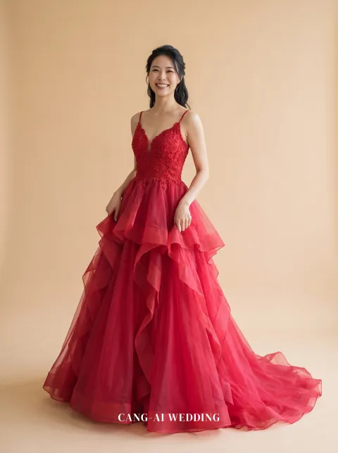 Sabine red evening gown, front, full length