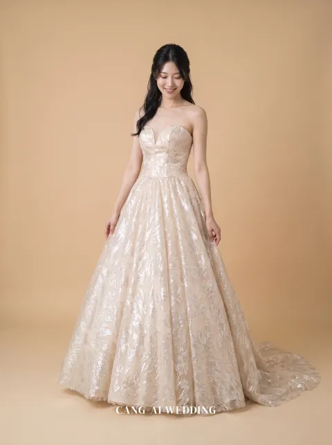 Cressida blush and silver evening gown, front, full length