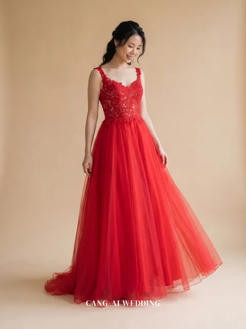 Sable red evening gown, front, full length