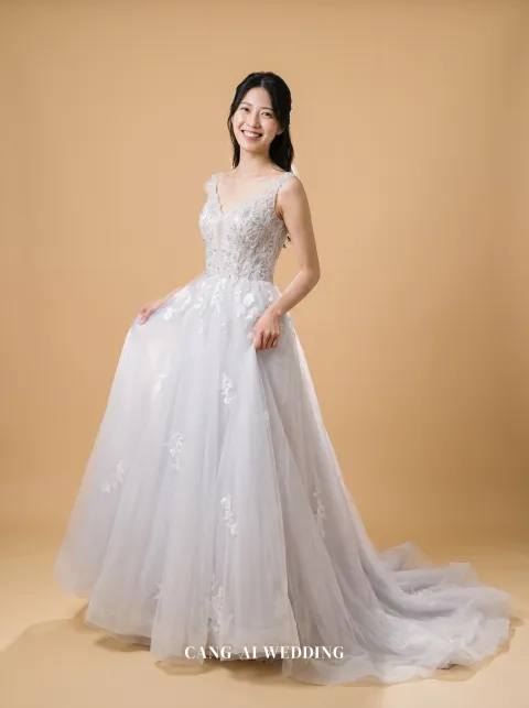 Estelle silver evening gown, front, full length