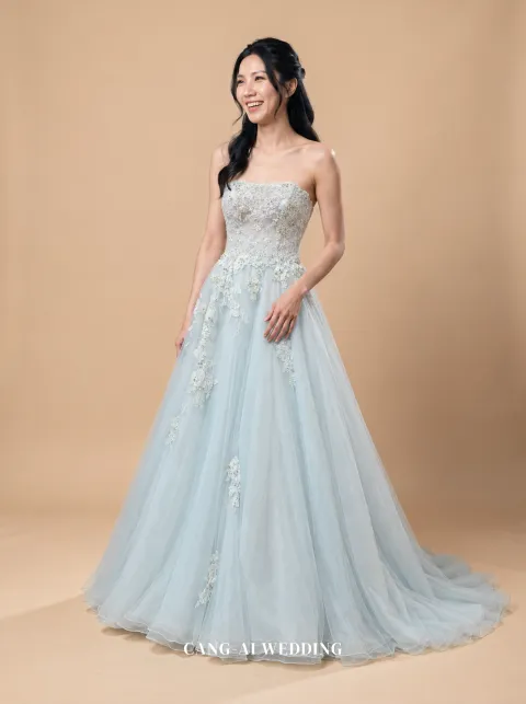 Viviane dusty blue evening gown, front, full length