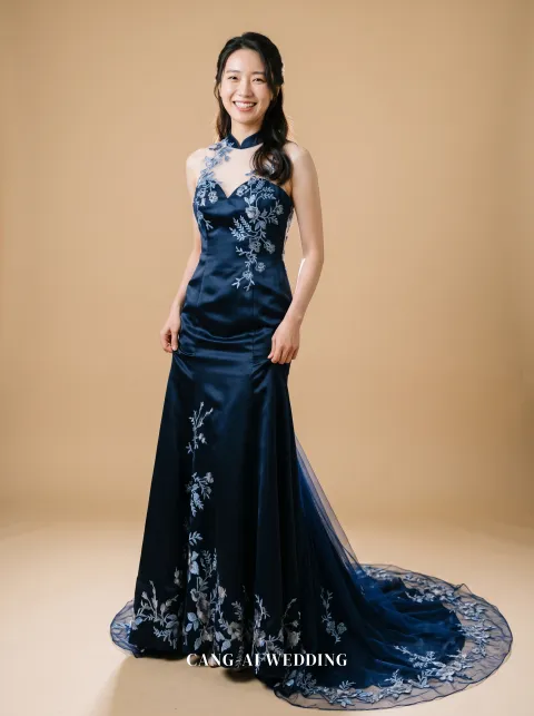 Esme navy and dusty blue evening gown, front, full length