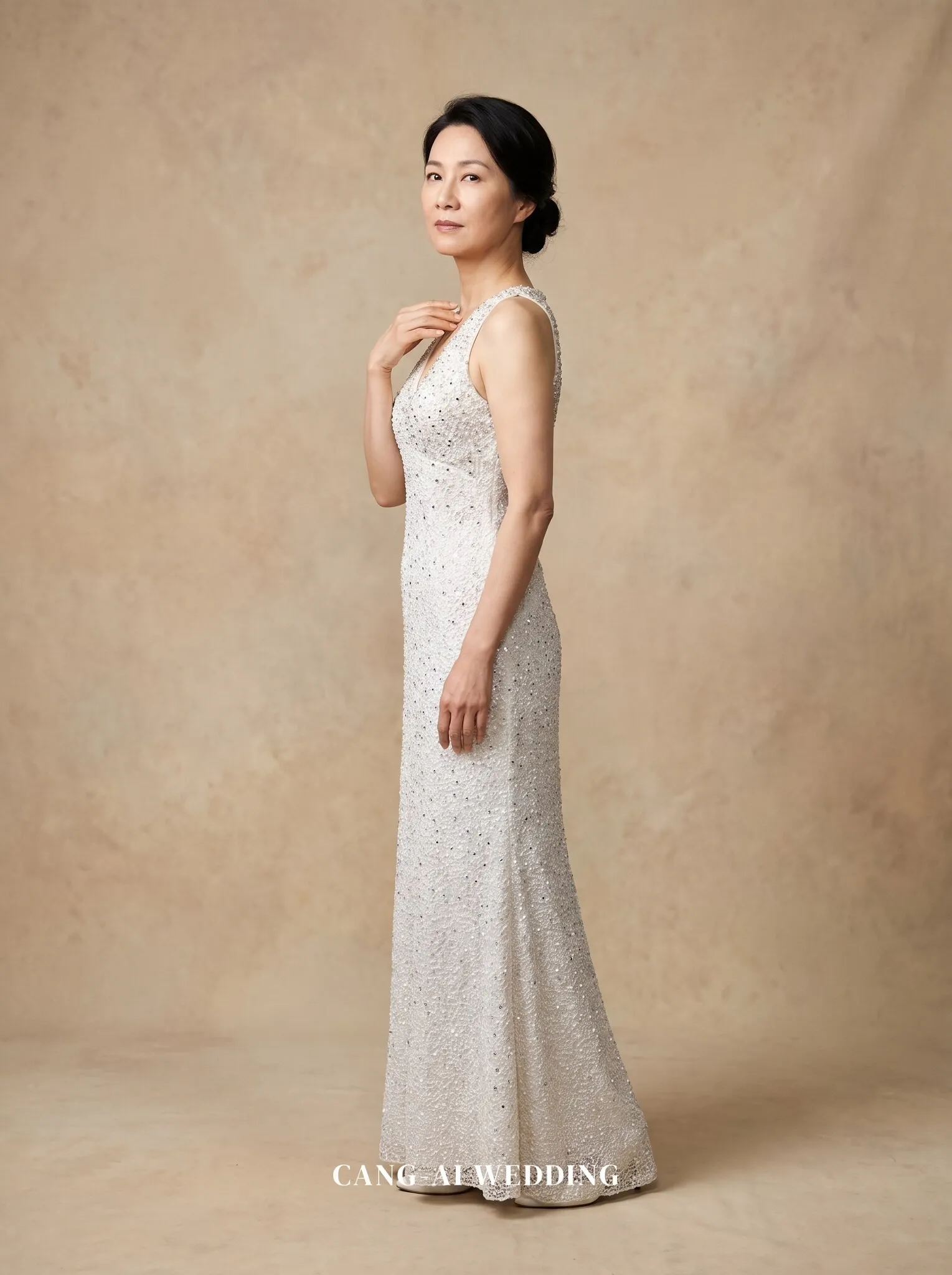 mother_gown_81 - Statuesque profile with hand at collarbone