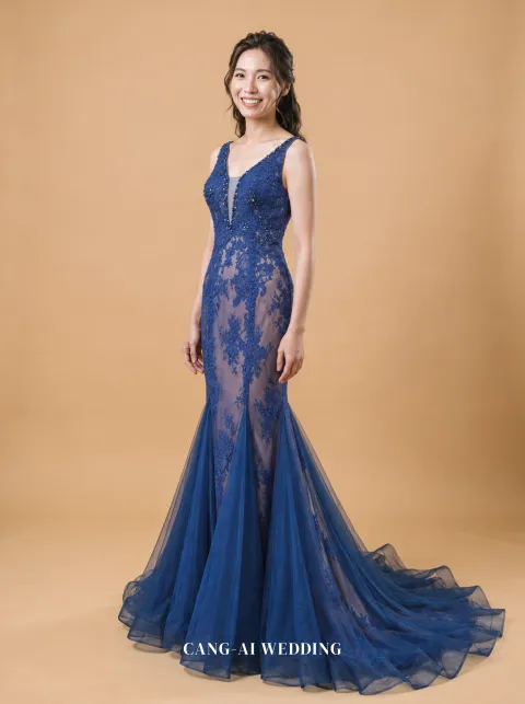 Adela navy blue evening gown, front, full length