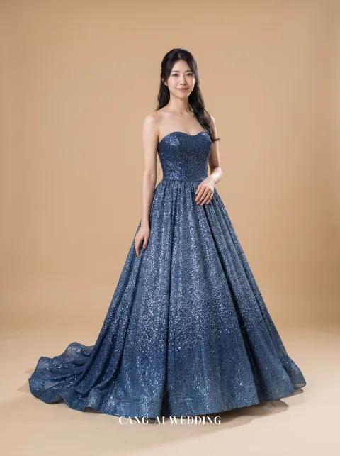 Zelie navy evening gown, front, full length